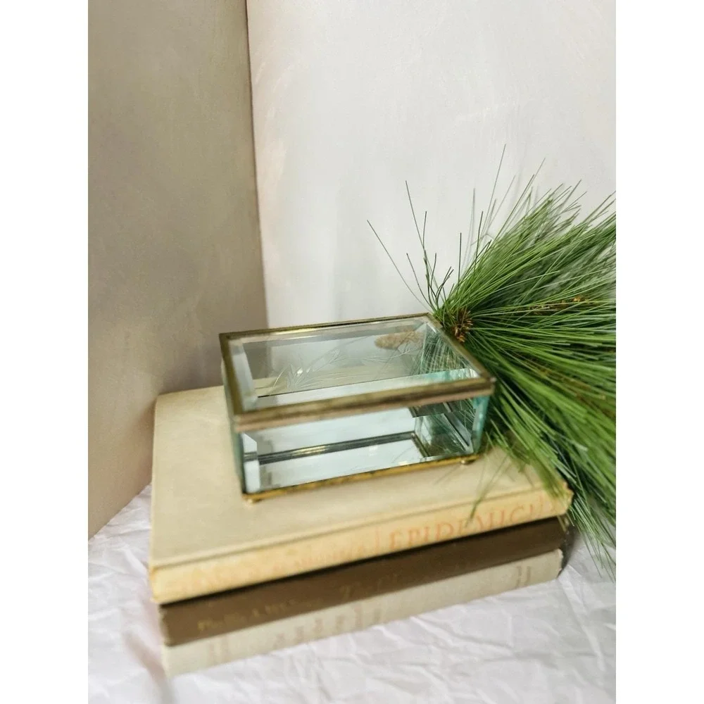 Vtg Etched Glass Brass Lidded Trinket Box Mirrored Bottom 5.25